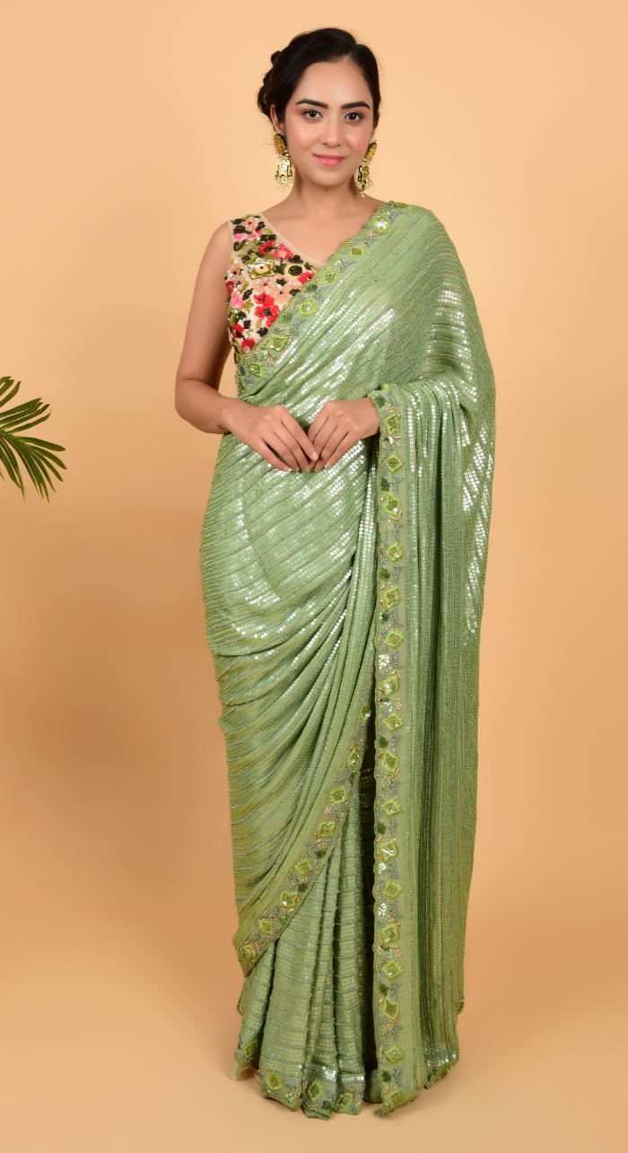Green Sequins Saree