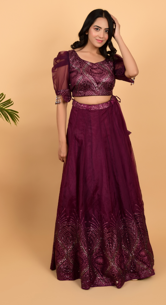 Wine Colour Glitter Work Lehenga With Crop Top