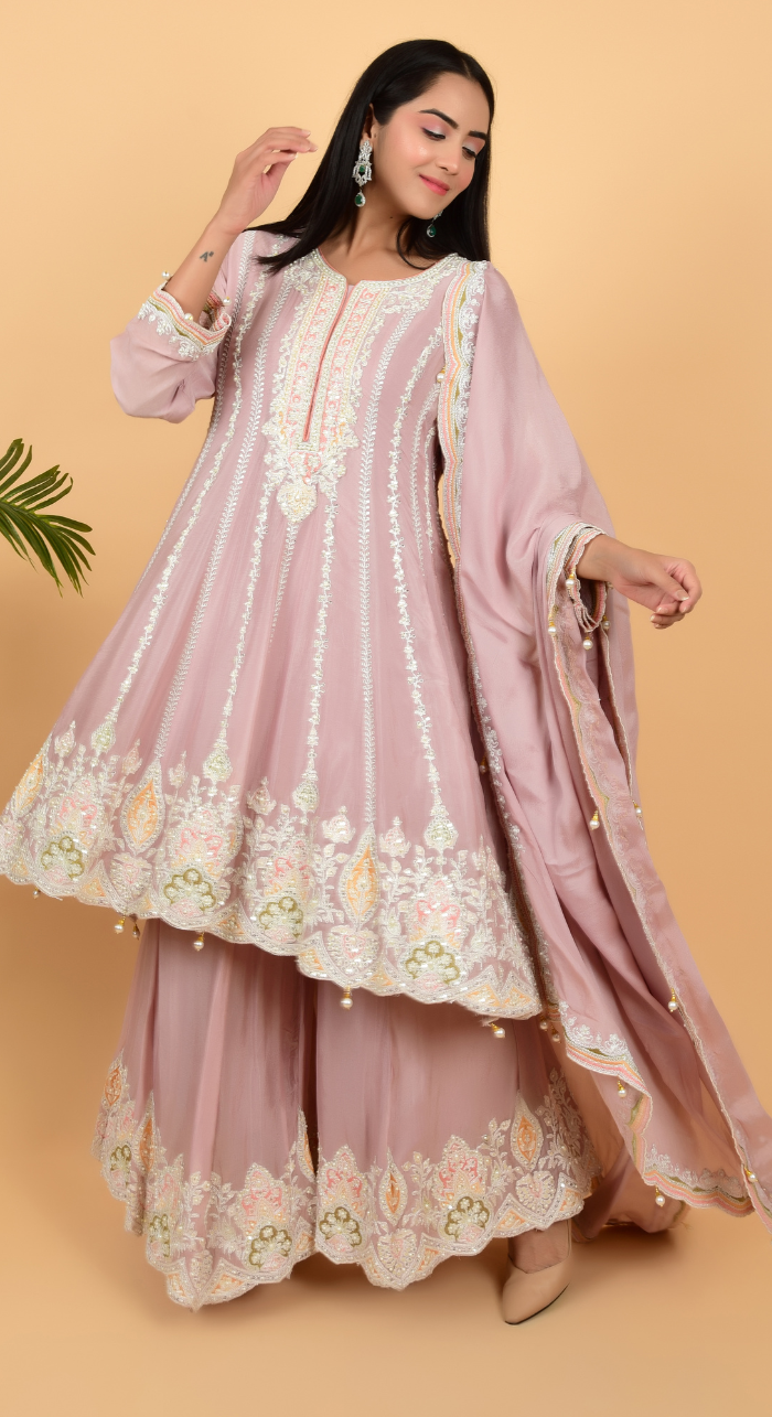 Baby Pink Hand Work Flaired Suit