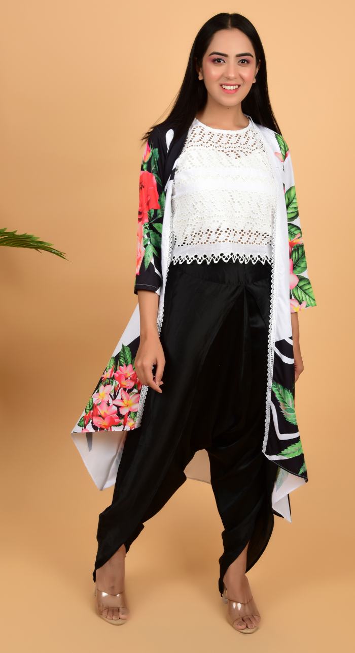 White Chikan Top, & Dhoti With Stylish Shrug