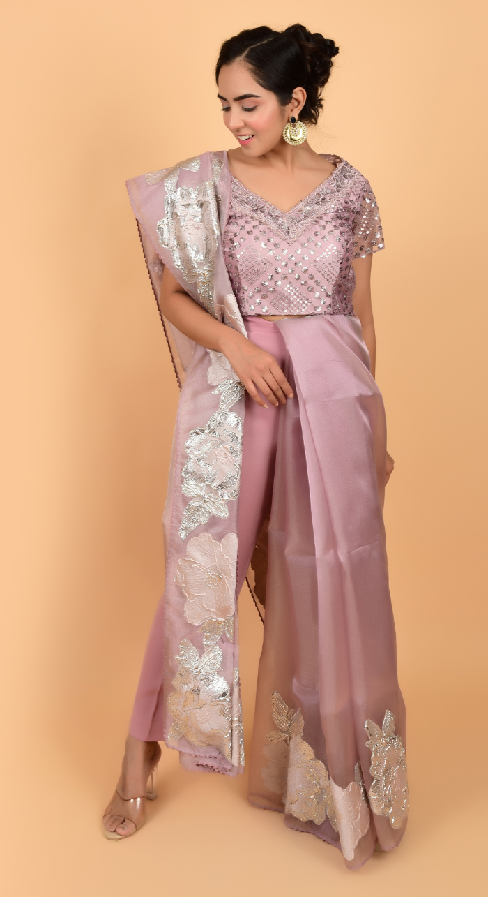 Tissue Organza Pink Saree