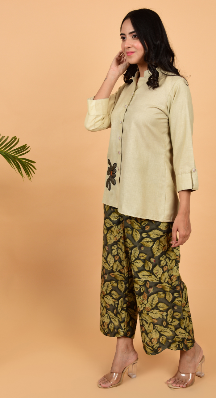 Cotton Linen Patch Work Shirt With Printed Palazzo