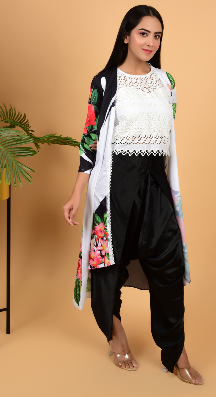 White Chikan Top, & Dhoti With Stylish Shrug