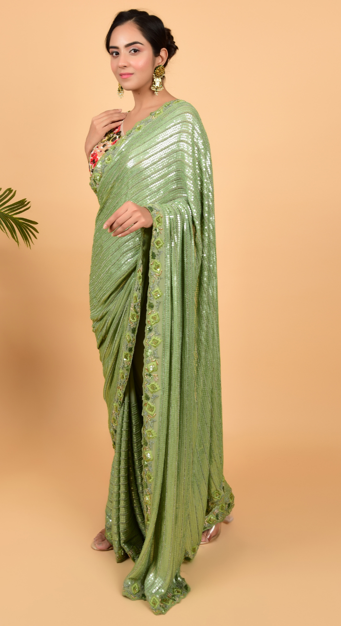 Green Sequins Saree