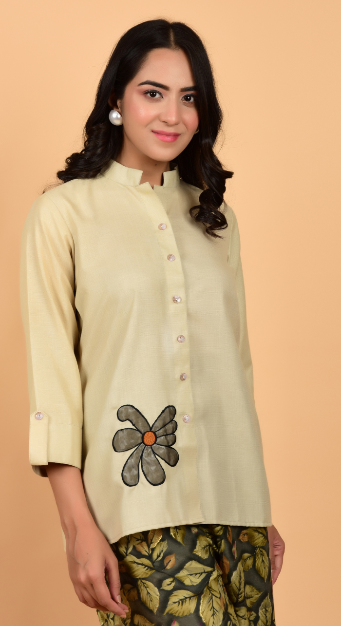 Cotton Linen Patch Work Shirt With Printed Palazzo