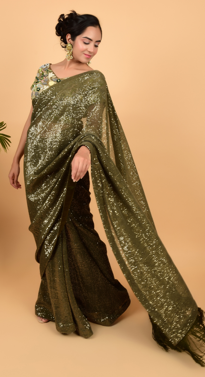 Designer Sequins Saree With Hand Work Blouse