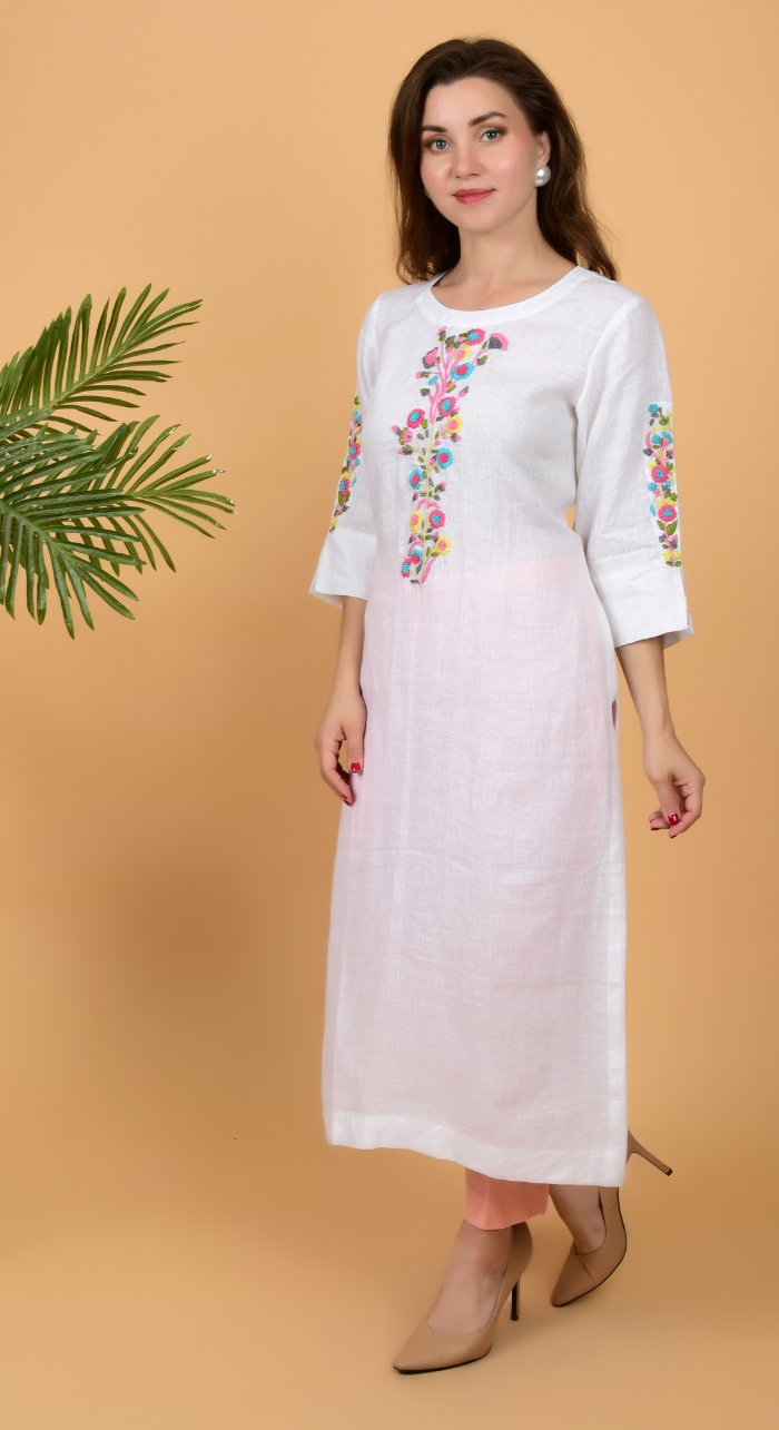 White Fancy Linen Hand Work Kurta
