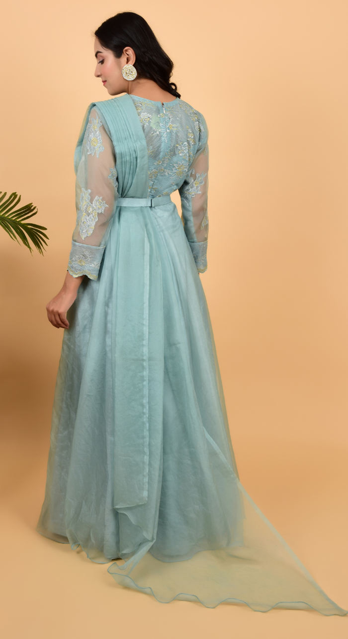 Sky Blue Organza Drapped Gown