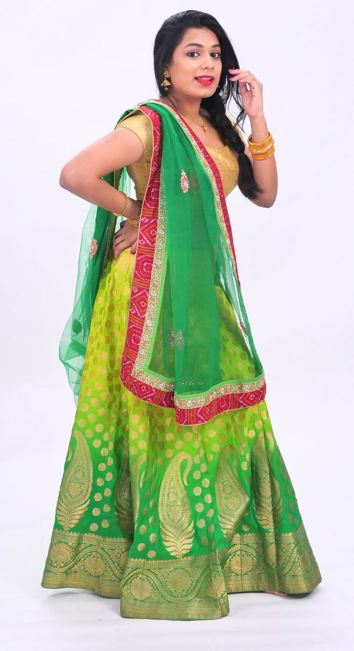 Banarasi Green Lehenga With Hand Embroided Net Dupatta