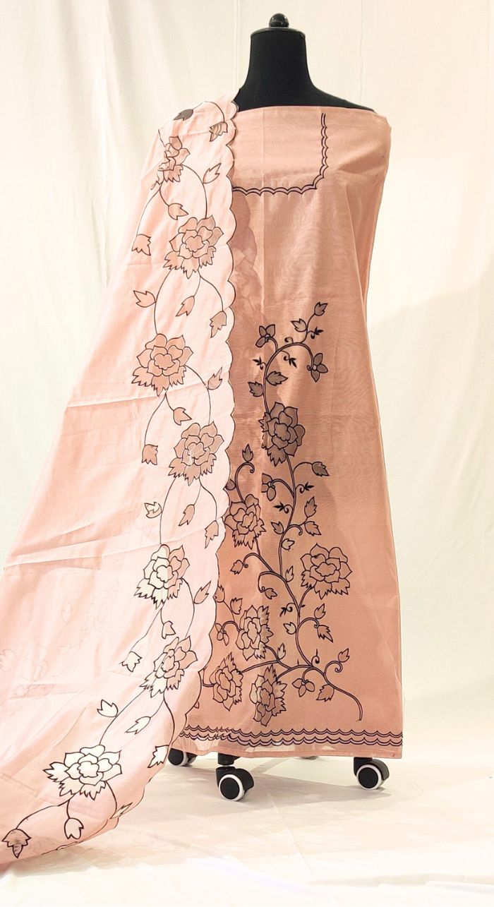 Cream Chanderi Silk Machine Work Suit