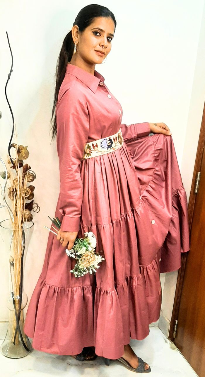Glace Cotton Maxi Dress With Embroidered Belt