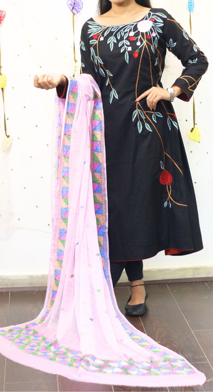 Black Suit Set With Phulkari Dupatta