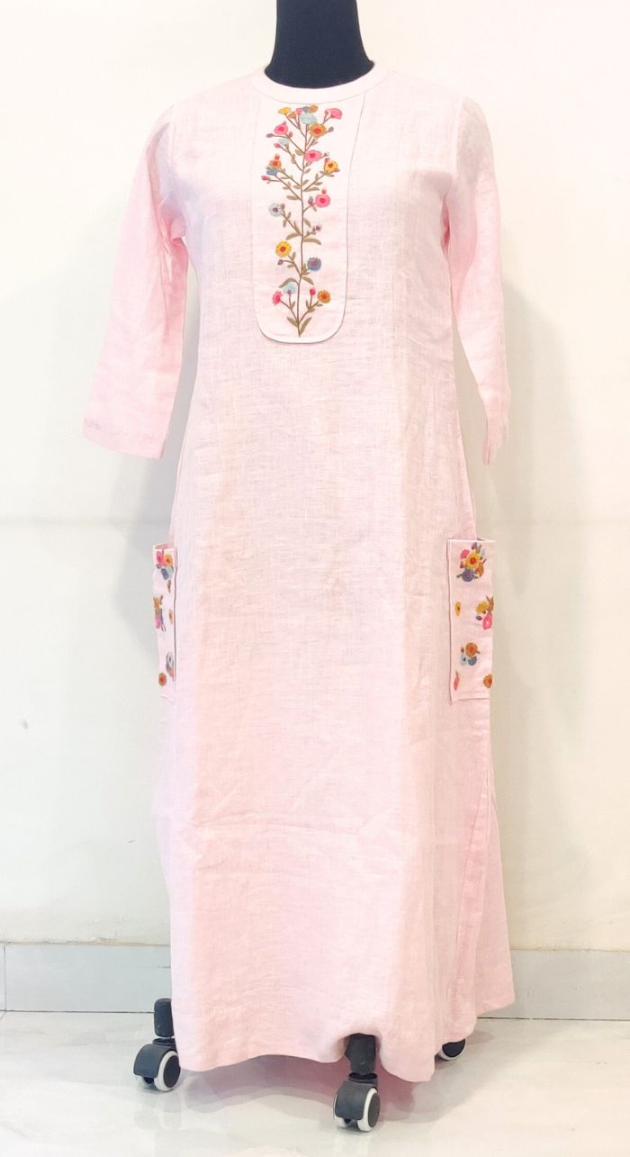 Baby Pink Fancy Linen Hand Work Kurta