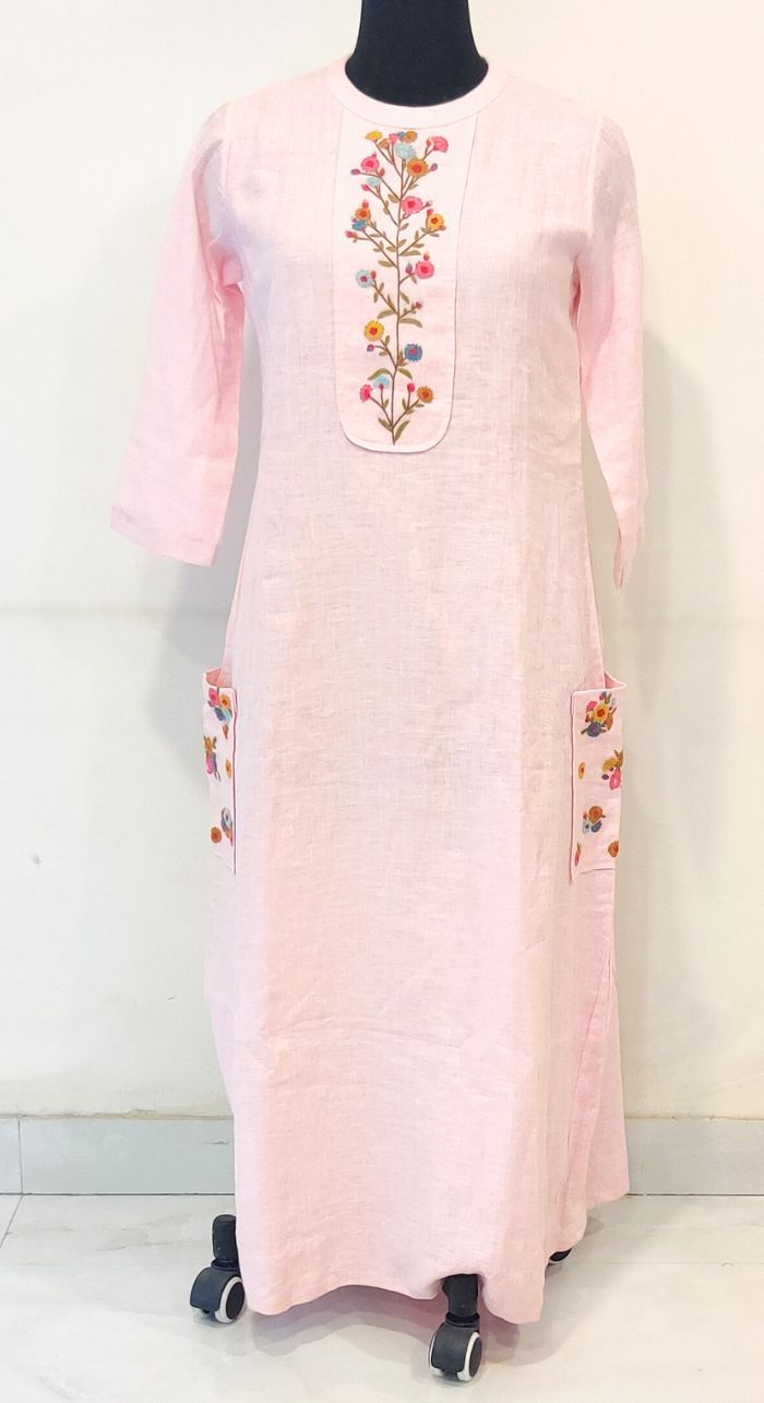 Baby Pink Fancy Linen Hand Work Kurta