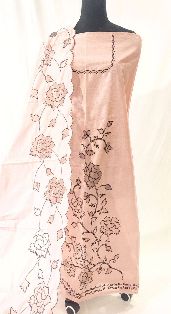 Cream Chanderi Silk Machine Work Suit