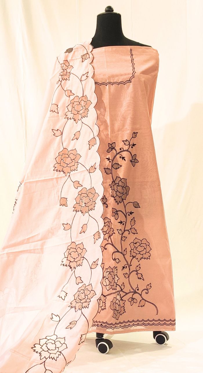 Cream Chanderi Silk Machine Work Suit