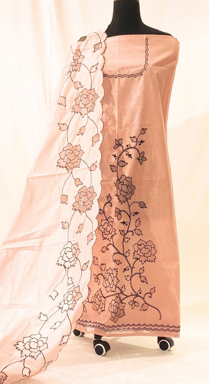 Cream Chanderi Silk Machine Work Suit