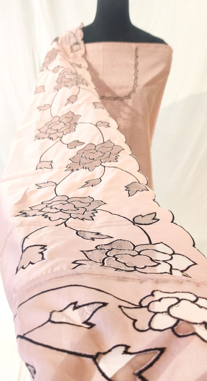 Cream Chanderi Silk Machine Work Suit