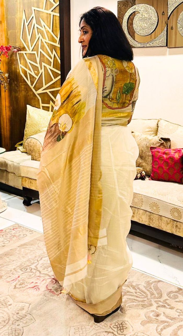 White Freehand Painted Cotton Silk Saree