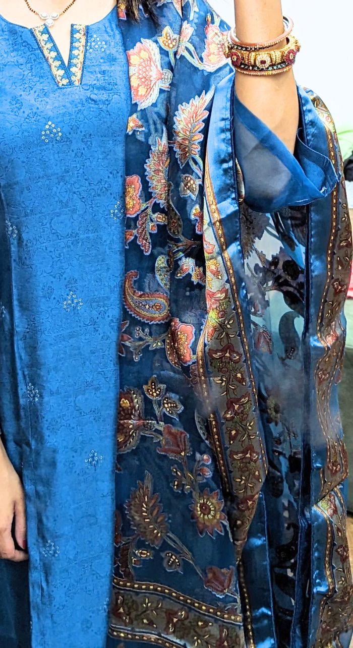 Blue Muslin Silk Suit With Organza Self Dupatta