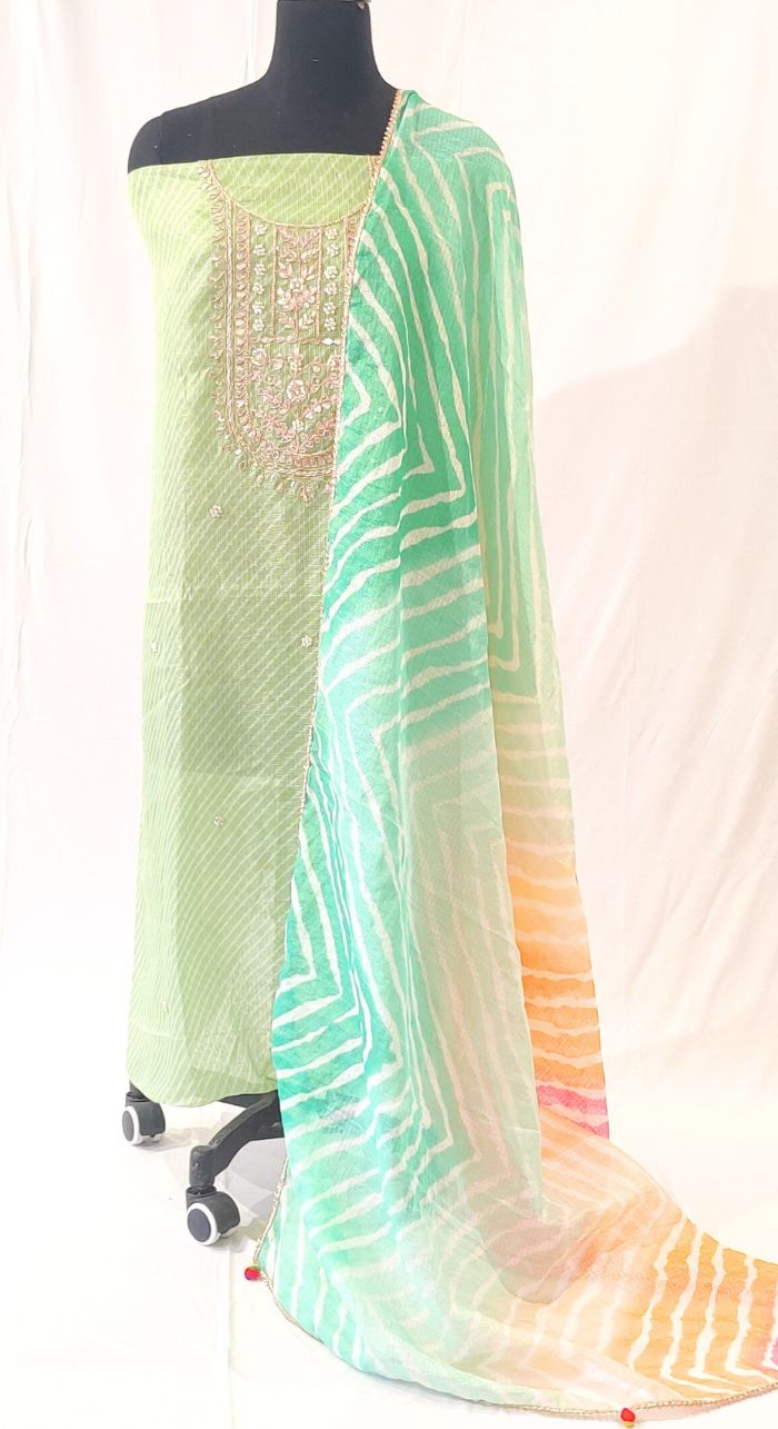 Green Leheriya Hand Work Unstiched Suit