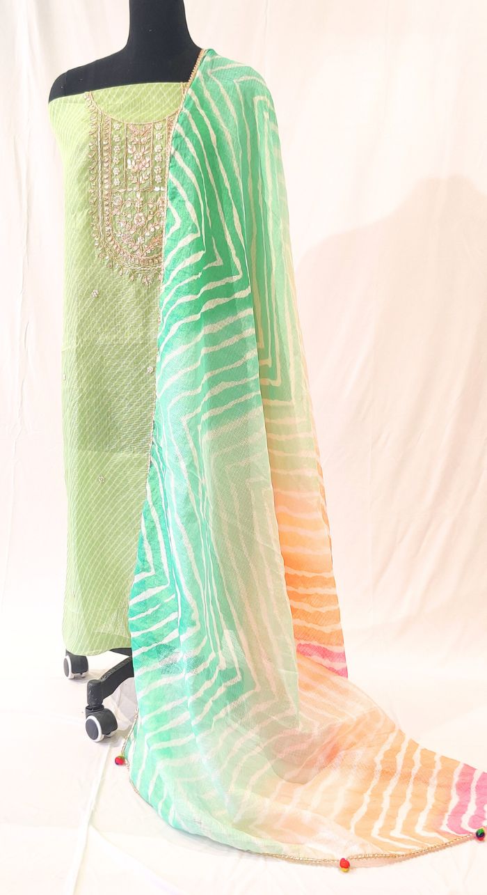 Green Leheriya Hand Work Unstiched Suit