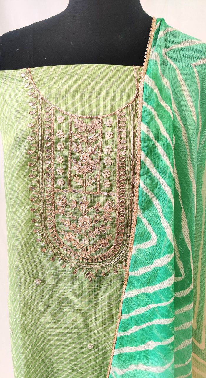 Green Leheriya Hand Work Unstiched Suit