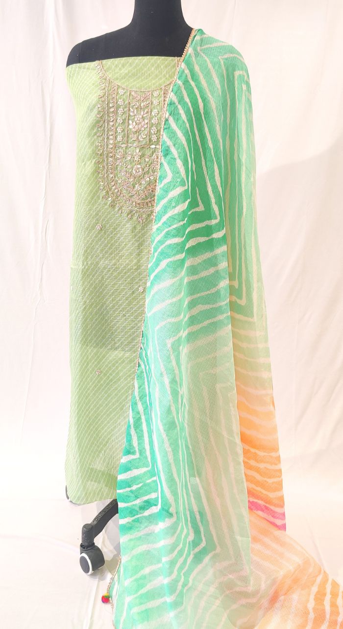 Green Leheriya Hand Work Unstiched Suit