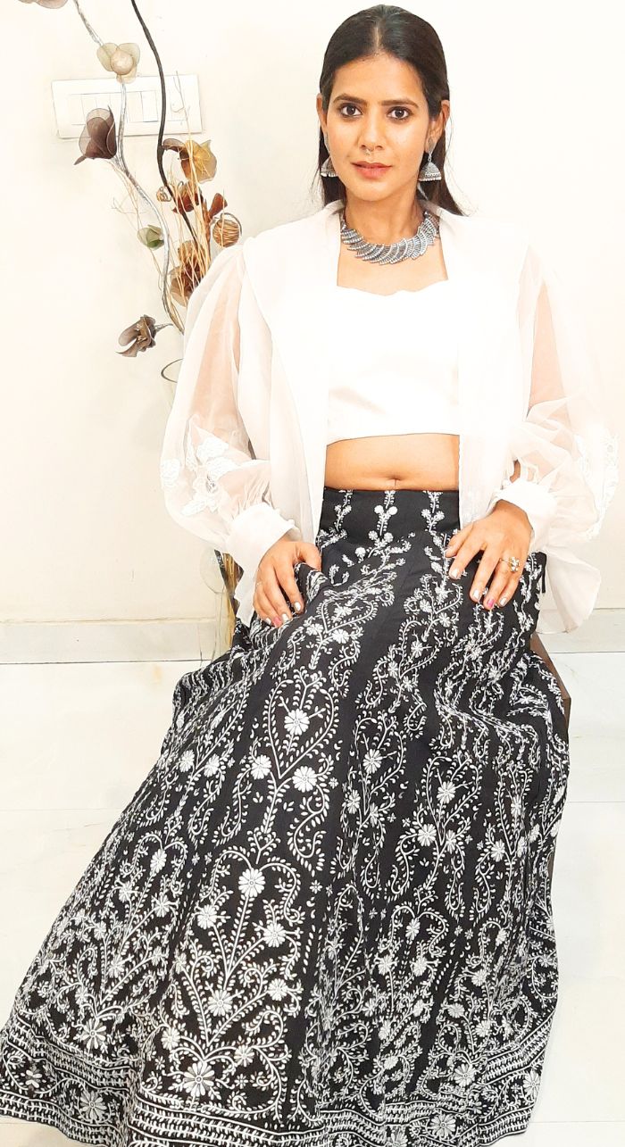 White Slab Silk Bralette & White Organza Fancy Top & Foil Printed Skirt