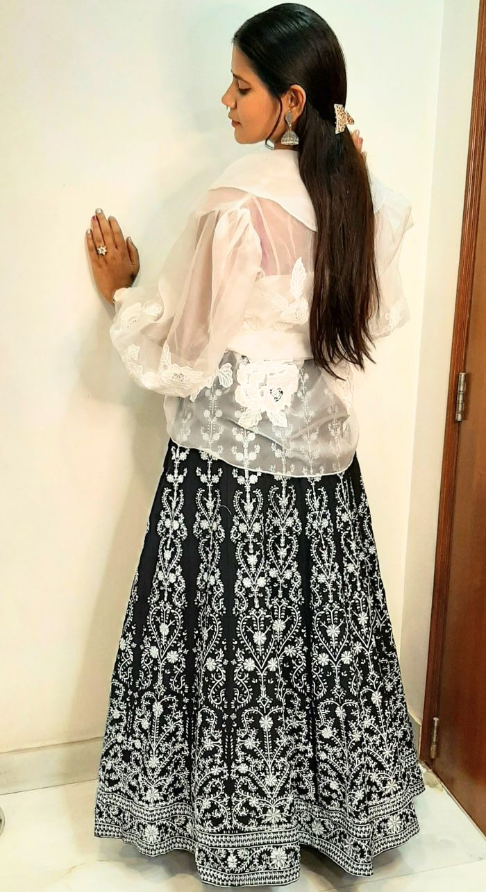 White Slab Silk Bralette & White Organza Fancy Top & Foil Printed Skirt