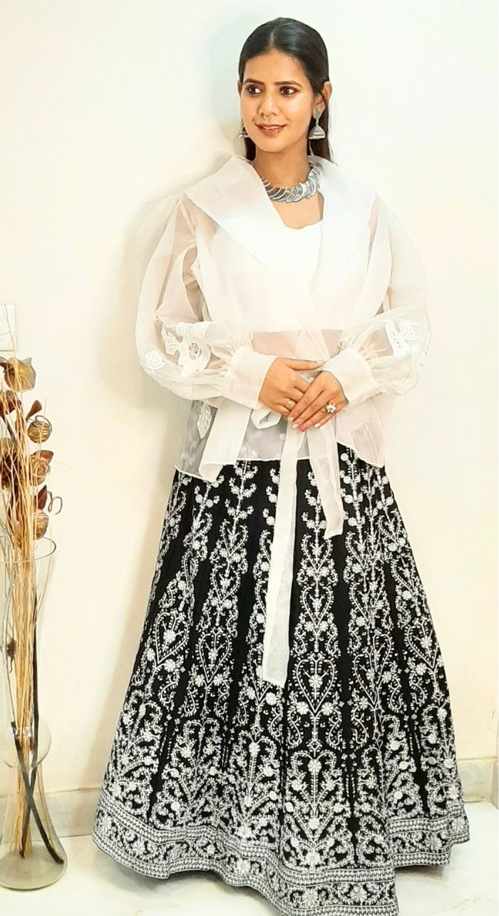 White Slab Silk Bralette & White Organza Fancy Top & Foil Printed Skirt