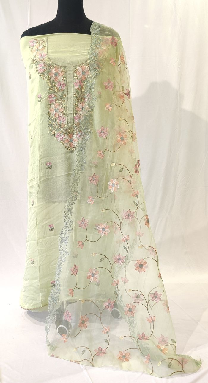 Lime Green Organza Silk Machine Work Unstiched Suit