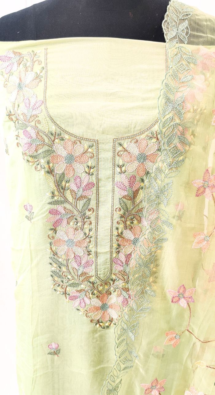 Lime Green Organza Silk Machine Work Unstiched Suit