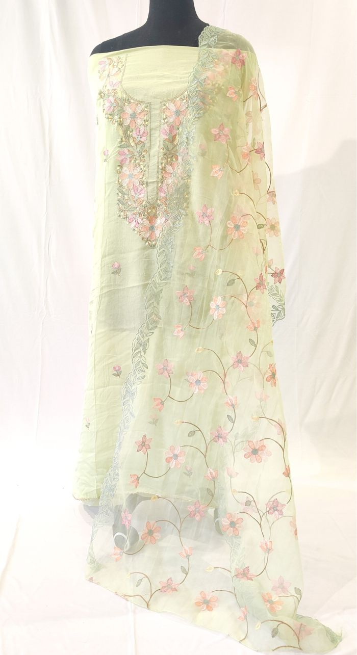 Lime Green Organza Silk Machine Work Unstiched Suit