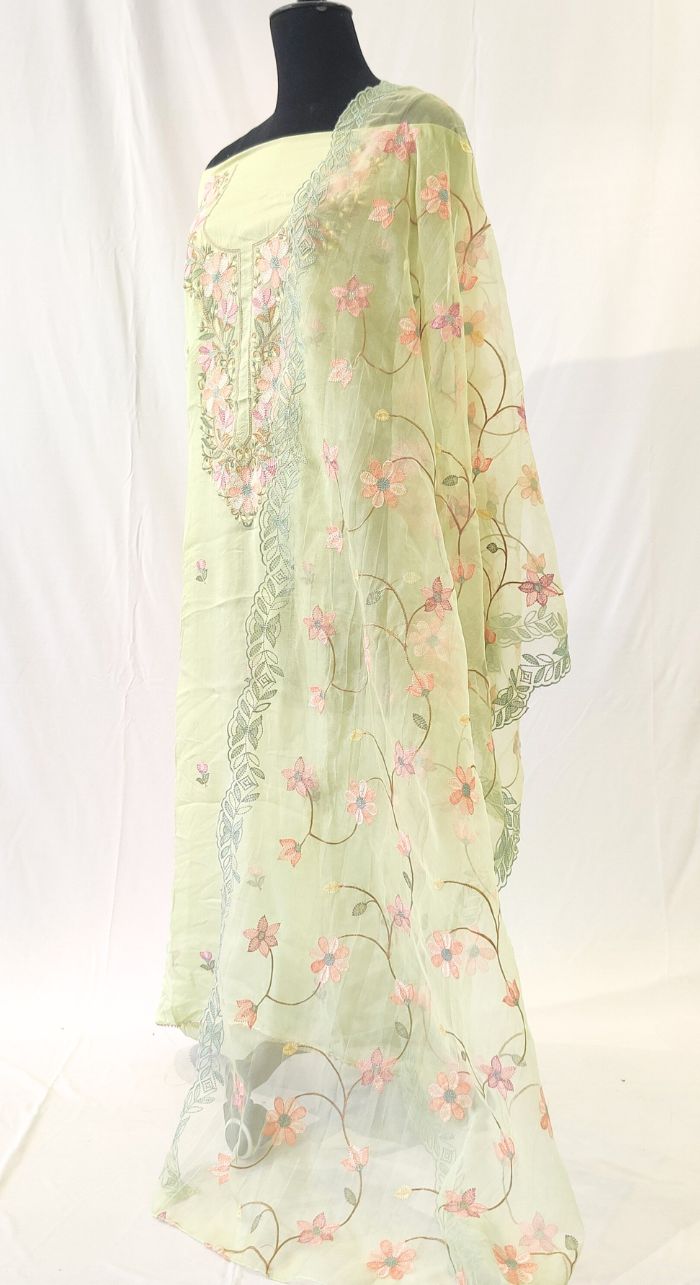 Lime Green Organza Silk Machine Work Unstiched Suit