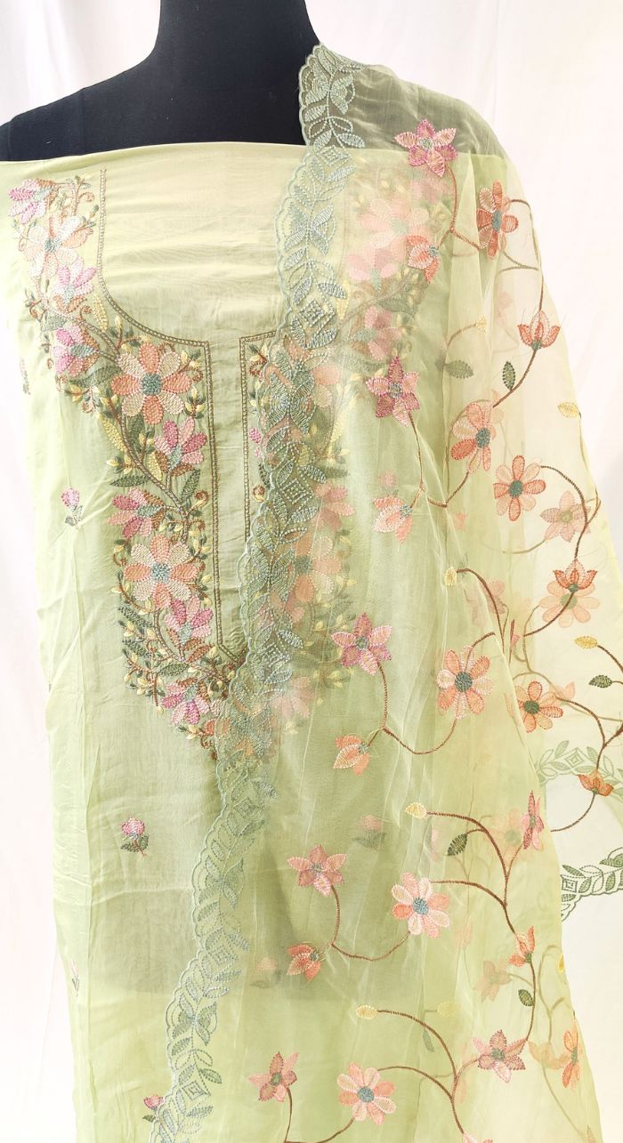 Lime Green Organza Silk Machine Work Unstiched Suit