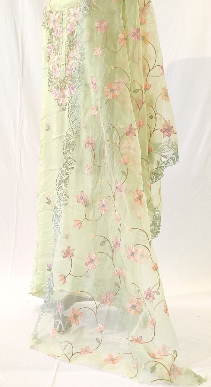 Lime Green Organza Silk Machine Work Unstiched Suit