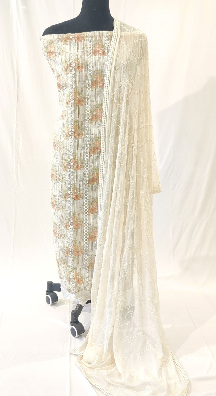 Linen Machine Work Suit With Shiffon Dupatta
