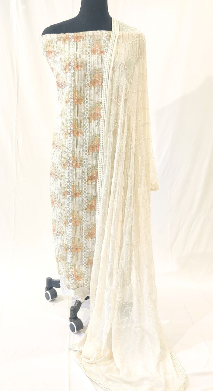 Linen Machine Work Suit With Shiffon Dupatta