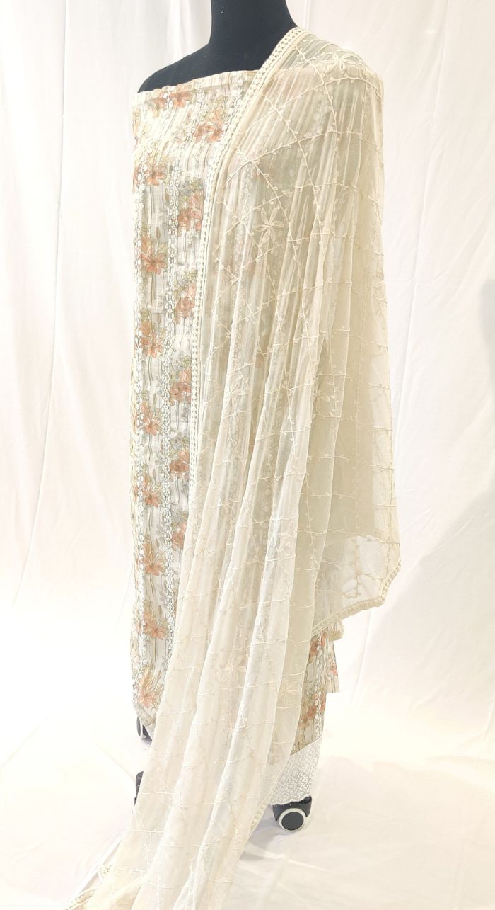 Linen Machine Work Suit With Shiffon Dupatta