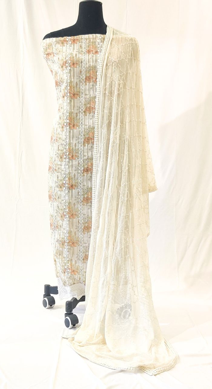 Linen Machine Work Suit With Shiffon Dupatta