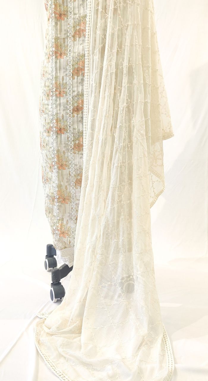 Linen Machine Work Suit With Shiffon Dupatta