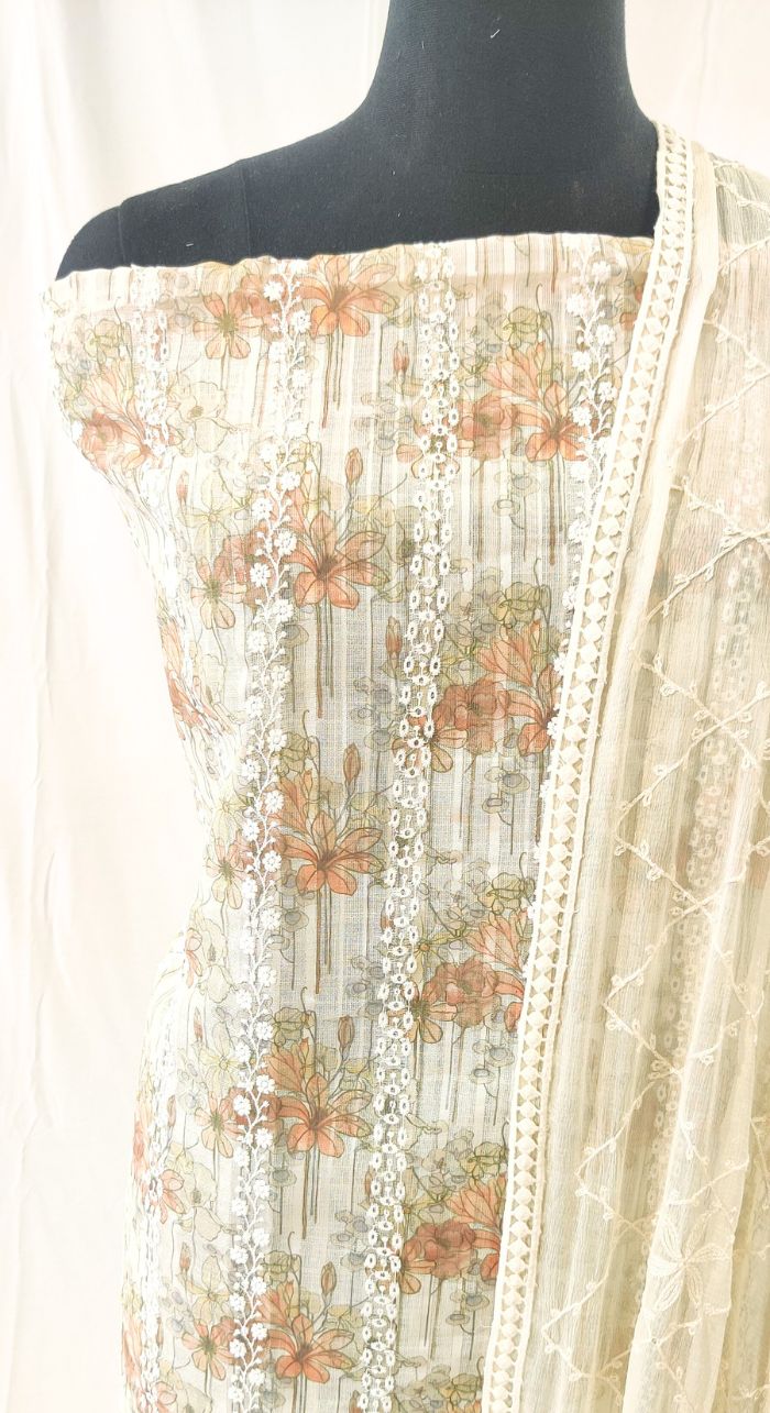 Linen Machine Work Suit With Shiffon Dupatta