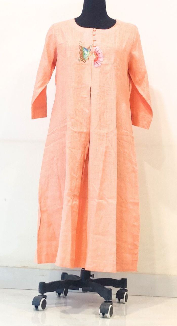 Orange Fancy Linen Hand Work Kurta