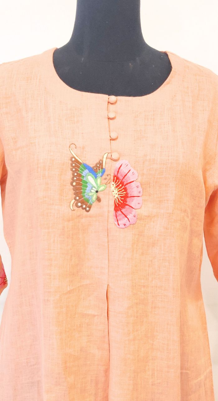 Orange Fancy Linen Hand Work Kurta