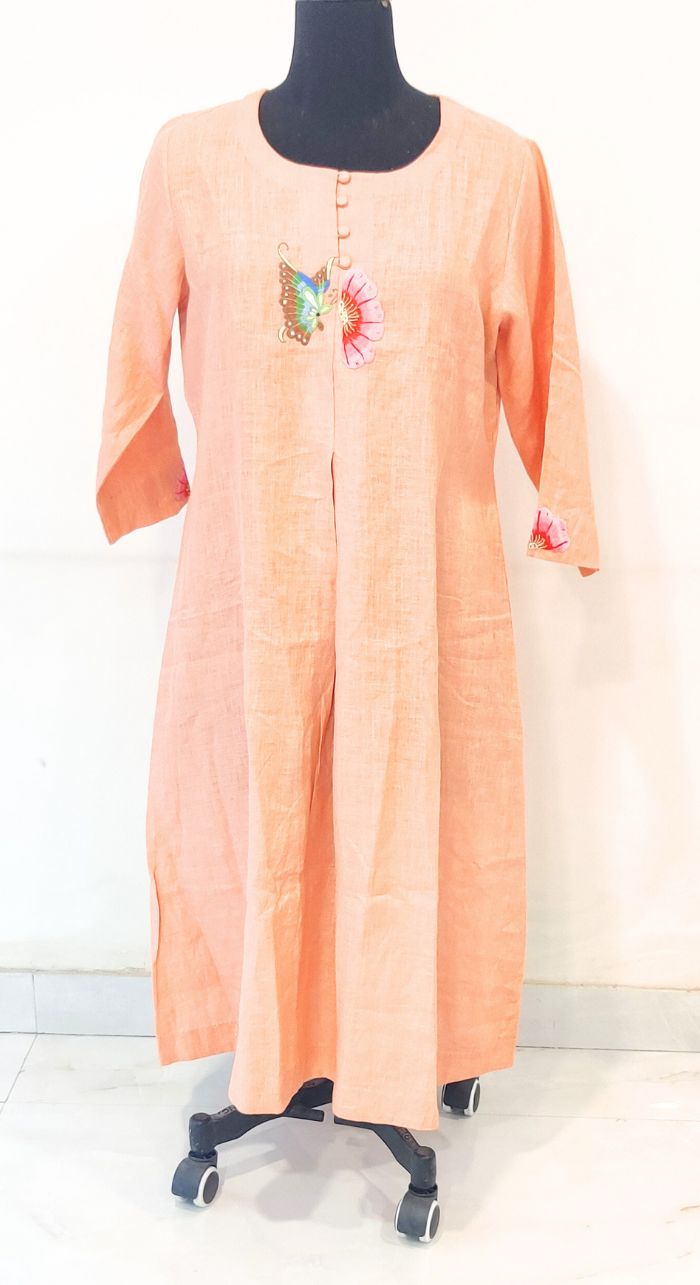 Orange Fancy Linen Hand Work Kurta