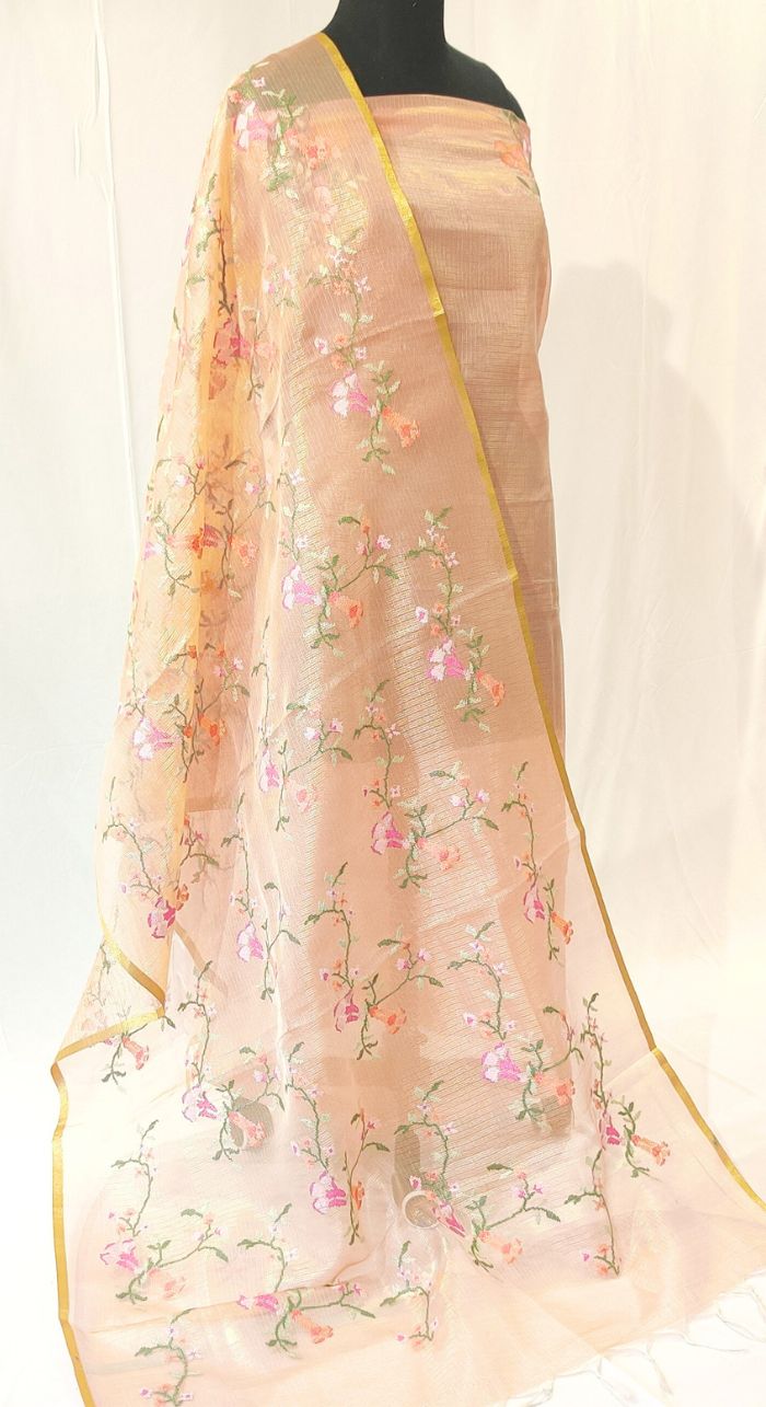 Peach Chanderi Kota Machine Work Suit