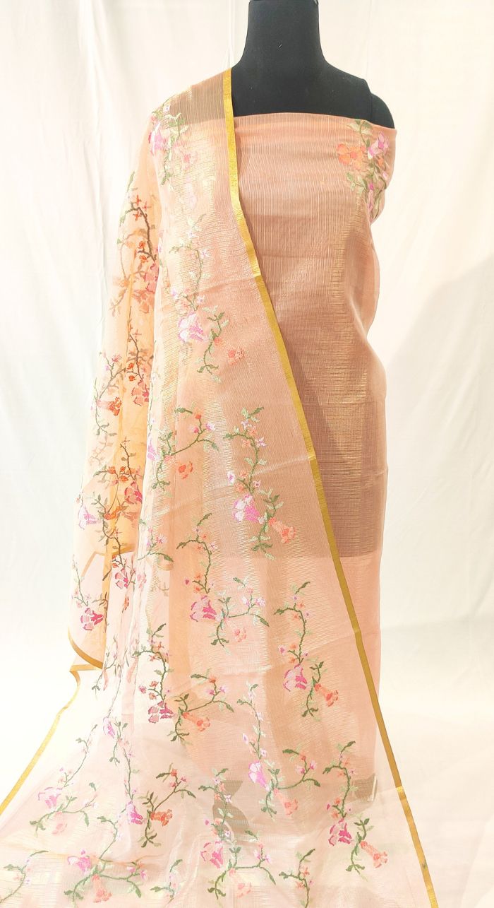 Peach Chanderi Kota Machine Work Suit