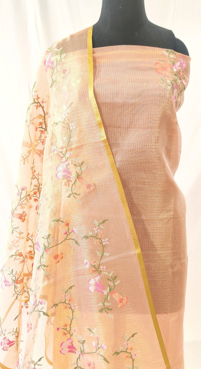 Peach Chanderi Kota Machine Work Suit