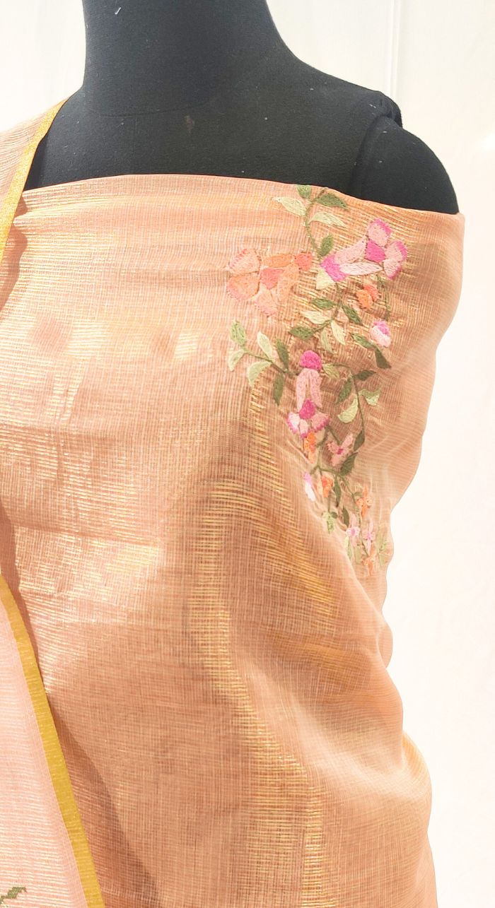 Peach Chanderi Kota Machine Work Suit